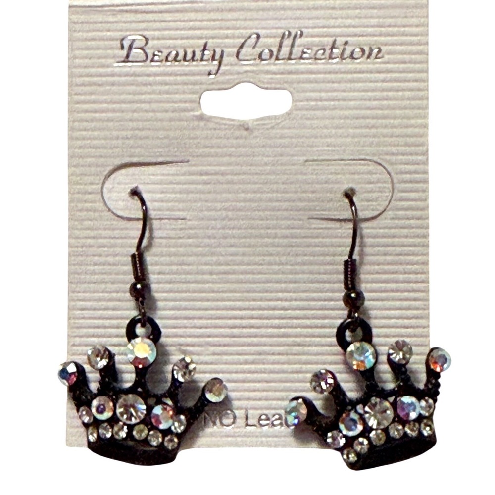 Beauty Collection Black Rhinestone Crown Dangle‎ Earrings Tiara